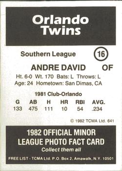 1982 TCMA Orlando Twins #16 Andre David Back