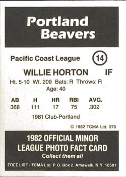 1982 TCMA Portland Beavers #14 Willie Horton Back
