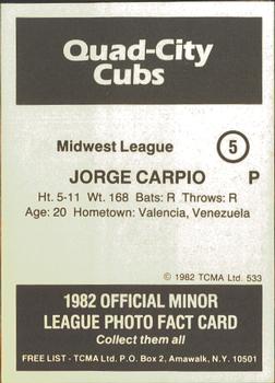 1982 TCMA Quad City Cubs #5 Jorge Carpio Back