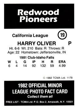 1982 TCMA Redwood Pioneers #19 Harry Oliver Back