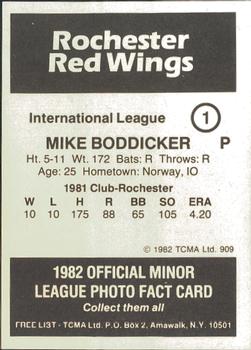 1982 TCMA Rochester Red Wings #1 Mike Boddicker Back