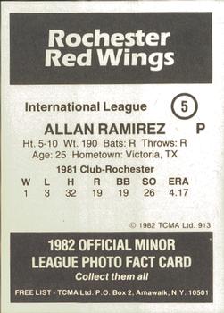 1982 TCMA Rochester Red Wings #5 Allan Ramirez Back