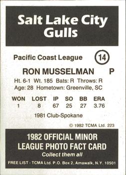 1982 TCMA Salt Lake City Gulls #14 Ron Musselman Back