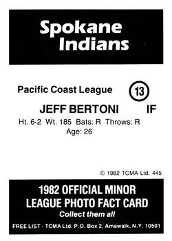 1982 TCMA Spokane Indians #13 Jeff Bertoni Back