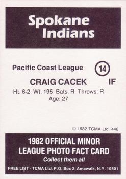 1982 TCMA Spokane Indians #14 Craig Cacek Back