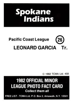 1982 TCMA Spokane Indians #26 Leonard Garcia Back