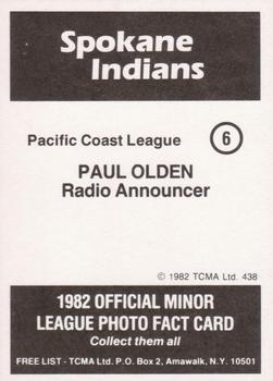 1982 TCMA Spokane Indians #6 Paul Olden Back