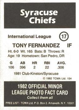 1982 TCMA Syracuse Chiefs #17 Tony Fernandez Back