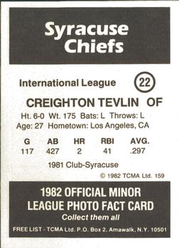 1982 TCMA Syracuse Chiefs #22 Creighton Tevlin Back