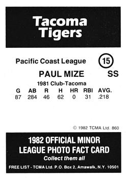 1982 TCMA Tacoma Tigers #15 Paul Mize Back