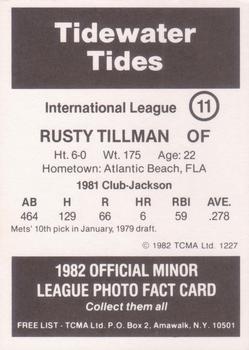 1982 TCMA Tidewater Tides #11 Rusty Tillman Back