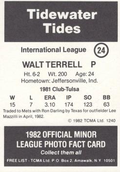 1982 TCMA Tidewater Tides #24 Walt Terrell Back