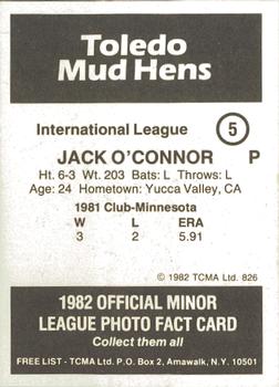 1982 TCMA Toledo Mud Hens #5 Jack O'Connor Back