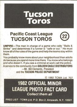 1982 TCMA Tucson Toros #22 Bill Wood Back