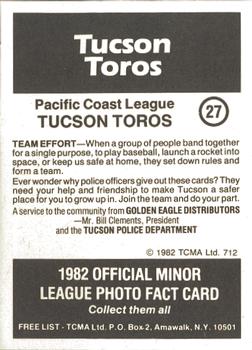 1982 TCMA Tucson Toros #27 Dave Labossiere Back