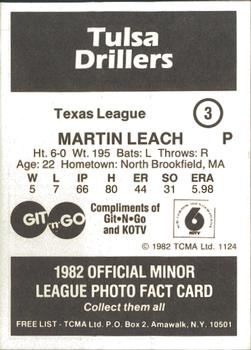 1982 TCMA Tulsa Drillers #3 Martin Leach Back