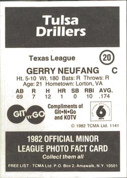 1982 TCMA Tulsa Drillers #20 Gerry Neufang Back