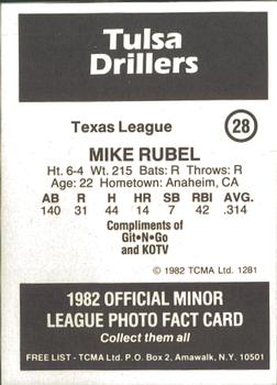 1982 TCMA Tulsa Drillers #28 Mike Rubel Back