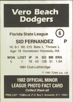 1982 TCMA Vero Beach Dodgers #6 Sid Fernandez Back
