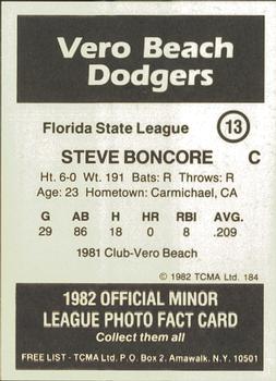 1982 TCMA Vero Beach Dodgers #13 Steve Boncore Back