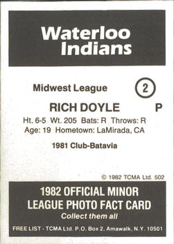 1982 TCMA Waterloo Indians #2 Rich Doyle Back