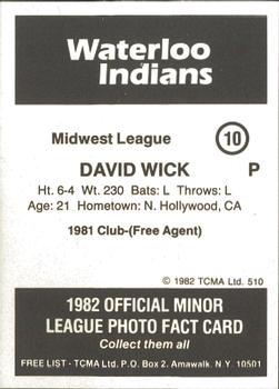 1982 TCMA Waterloo Indians #10 David Wick Back