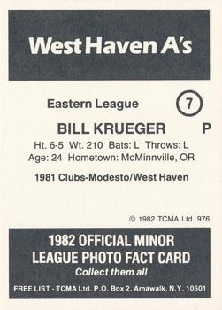 1982 TCMA West Haven A's #7 Bill Krueger Back