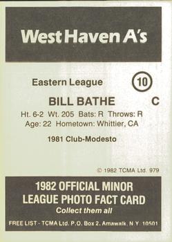 1982 TCMA West Haven A's #10 Bill Bathe Back