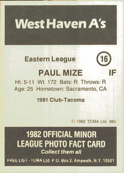 1982 TCMA West Haven A's #16 Paul Mize Back