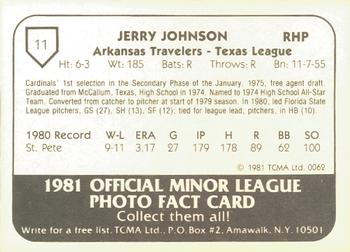 1981 TCMA Arkansas Travelers #11 Jerry Johnson Back