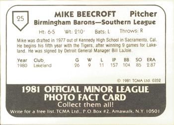1981 TCMA Birmingham Barons #25 Mike Beecroft Back