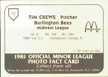1981 TCMA Burlington Bees #10 Tim Crews Back