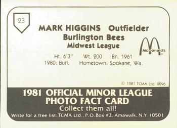 1981 TCMA Burlington Bees #23 Mark Higgins Back