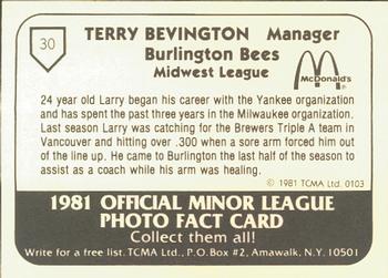 1981 TCMA Burlington Bees #30 Terry Bevington Back