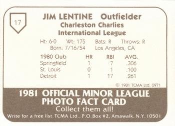 1981 TCMA Charleston Charlies #17 Jim Lentine Back