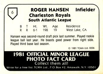 1981 TCMA Charleston Royals #6 Roger Hansen Back