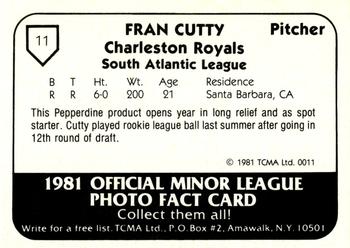1981 TCMA Charleston Royals #11 Fran Cutty Back
