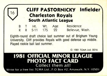 1981 TCMA Charleston Royals #16 Cliff Pastornicky Back