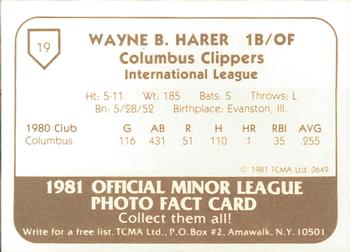 1981 TCMA Columbus Clippers #19 Wayne Harer Back
