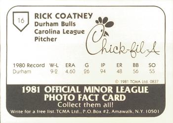 1981 TCMA Durham Bulls #16 Rick Coatney Back