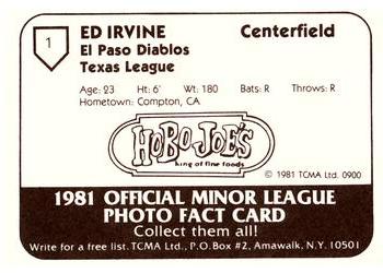 1981 TCMA El Paso Diablos #1 Ed Irvine Back