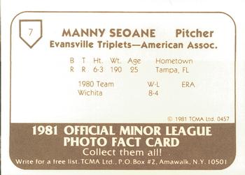 1981 TCMA Evansville Triplets #7 Manny Seoane Back