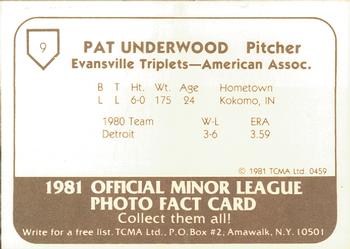 1981 TCMA Evansville Triplets #9 Pat Underwood Back