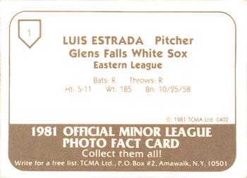 1981 TCMA Glens Falls White Sox #1 Luis Estrada Back