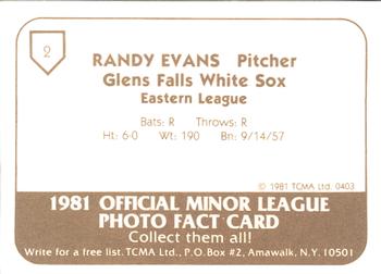 1981 TCMA Glens Falls White Sox #2 Randy Evans Back