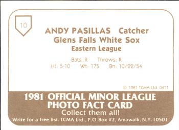 1981 TCMA Glens Falls White Sox #10 Andy Pasillas Back
