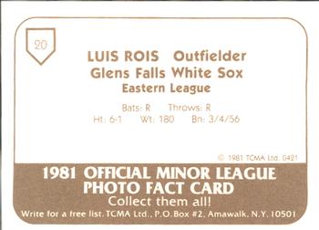 1981 TCMA Glens Falls White Sox #20 Luis Rois Back