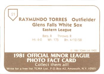 1981 TCMA Glens Falls White Sox #21 Raymundo Torres Back