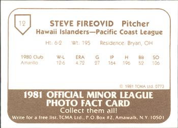 1981 TCMA Hawaii Islanders #12 Steve Fireovid Back
