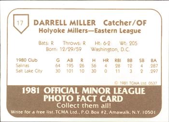 1981 TCMA Holyoke Millers #17 Darrell Miller Back